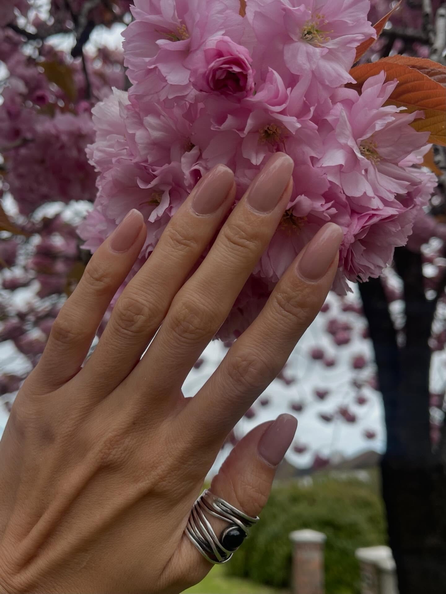 Nude almond manicure by Gigi’s Salon against pink blossom