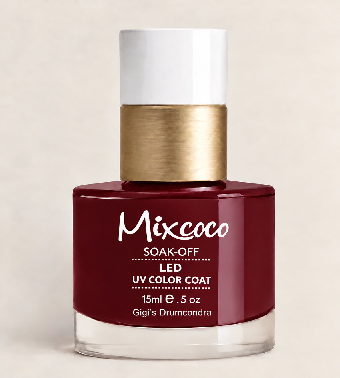Mixcoco soak-off gel colour bottle in oxblood burgundy with Gigi’s Drumcondra lettering
