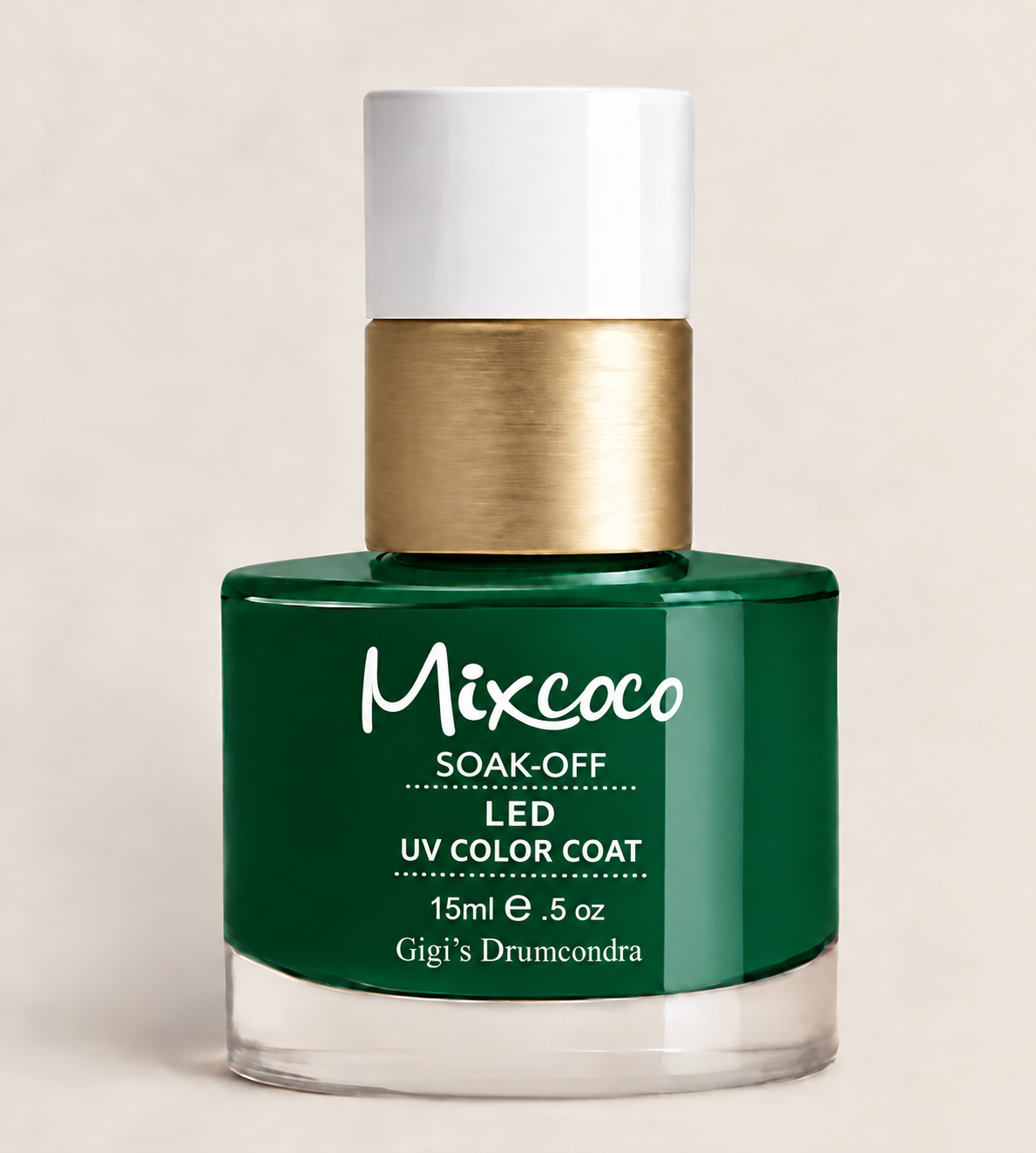 Mixcoco soak-off gel colour bottle in deep emerald green with Gigi’s Drumcondra lettering