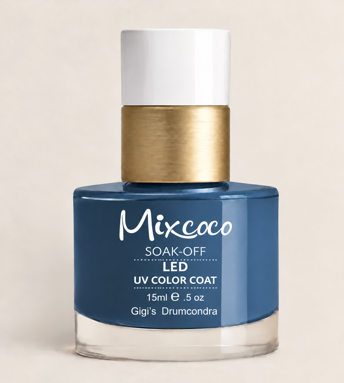 Mixcoco soak-off gel colour bottle in midnight blue with Gigi’s Drumcondra lettering